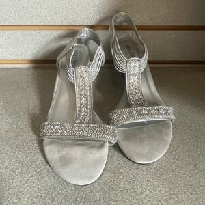 Silver Slipper Phoebe Womens 9M Metallic Silver Rhinestone Wedge Sandal Evening